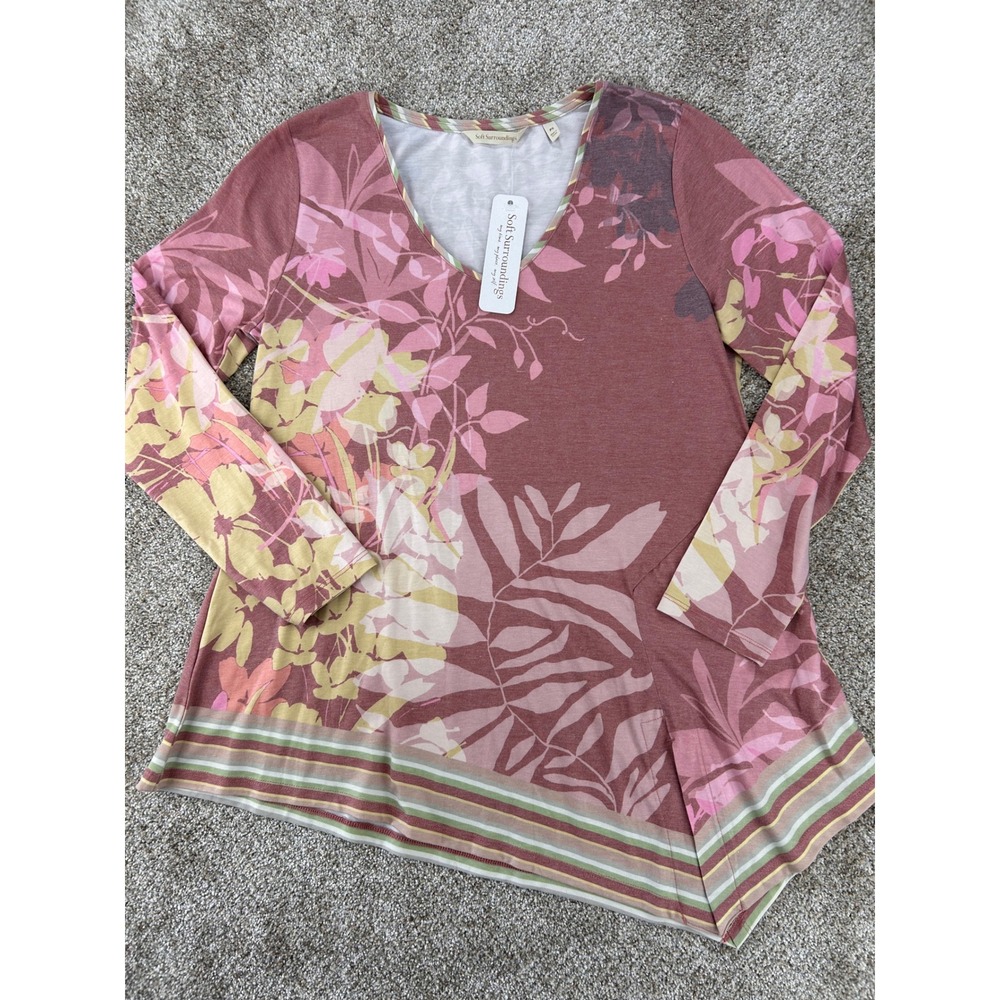 Soft Surroundings Lagenlook Artsy Boho Adela Top Pink Floral Asymmetrical PS NEW